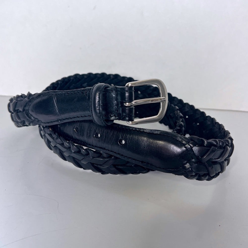 Mens Black Braided Full Grain Cowhide Leather Belt Solid Brass Silver Buckle 42